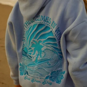 Everything Comes in Waves Palm Puff Hoodie in Blue