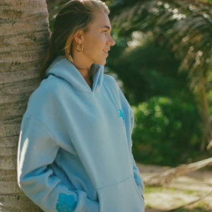 Everything Comes in Waves Palm Puff Hoodie in Blue