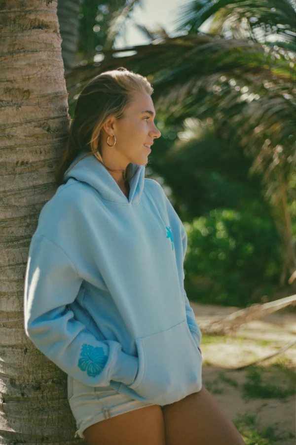 Everything Comes in Waves Palm Puff Hoodie in Blue