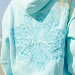 Hawaii Hibiscus Puff Hoodie in Aquamarine