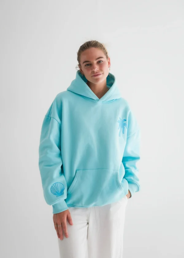Hawaii Hibiscus Puff Hoodie in Aquamarine