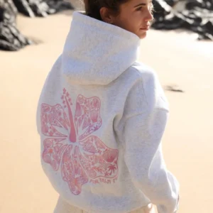 Hawaii Hibiscus Puff Hoodie in Heather Cloud