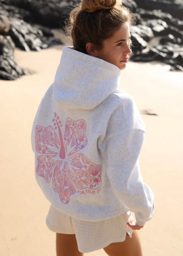 Hawaii Hibiscus Puff Hoodie in Heather Cloud