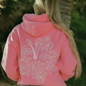 Hawaii Hibiscus Puff Hoodie in Sonic Pink