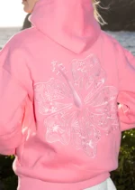 Hawaii Hibiscus Puff Hoodie in Sonic Pink